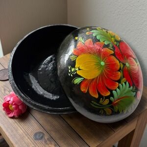 Vintage Hand Painted Lacquer Floral Trinket Box Round Black Wood Folk Art 5.5"